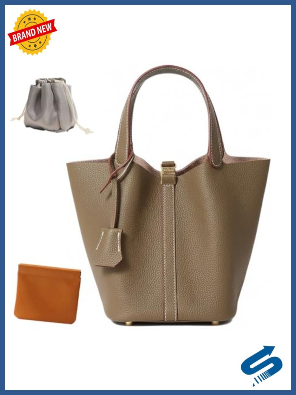 Genuine Leather Bucket Bag Top-Handle Satchel Handbag with Lock